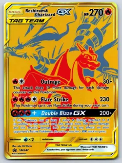 Reshiram & Charizard GX - Gold Full Art Promo SM247 Pokemon Card NM - Image 1