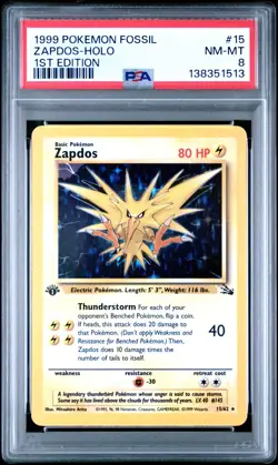 1999 POKEMON FOSSIL 1ST EDITION #15 ZAPDOS-HOLO PSA 8 #15 - Image 1