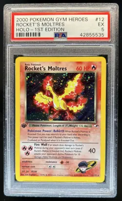 2000 Pokemon Gym Heroes 1st Edition Rocket's Moltres Holo #12/132 PSA 5 - Image 1