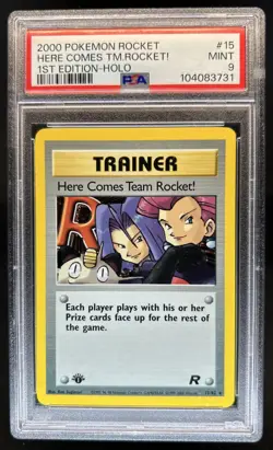 2000 Pokemon Team Rocket First Edition Here Comes Rocket! Holo #15/82 PSA 9 - Image 1
