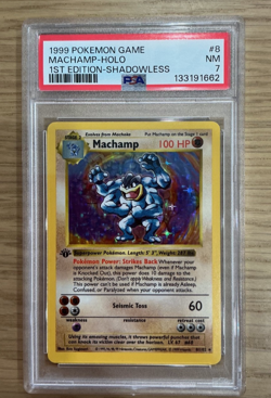 1st Edition 1999 Pokemon Base Set Shadowless Holo Machamp #8 PSA 7 - Image 1