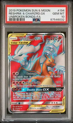 PSA 10 Reshiram & Charizard GX Pokemon Unbroken Bonds Full Art Tag Team #194 - Image 1