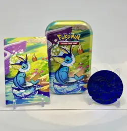 Vaporeon Prismatic Evolutions Mini Tin, Art card, and Coin Only - Image 1