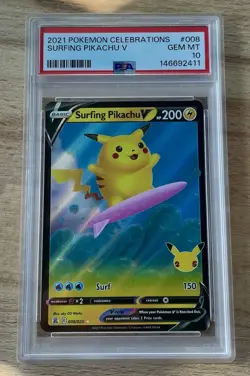 PSA 10 GEM MT - 2021 POKEMON CELEBRATIONS #008 SURFING PIKACHU V - Image 1