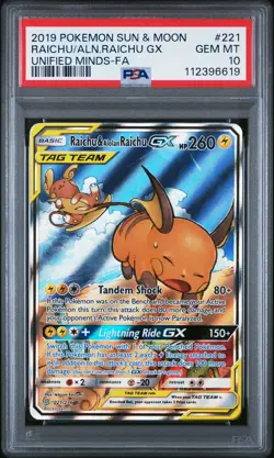 2019 POKEMON SUN & MOON UNIFIED MINDS FULL ART/RAICHU & ALOLAN RAICHU GX PSA 10 - Image 1