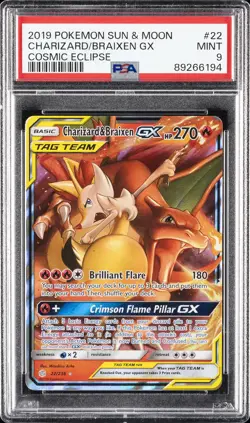 2019 POKEMON SUN & MOON COSMIC ECLIPSE #22 CHARIZARD & BRAIXEN GX PSA 9 - Image 1