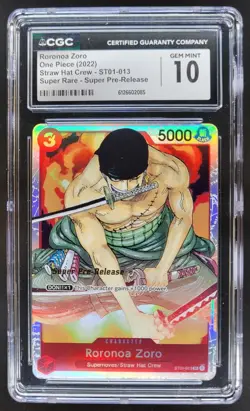 2022 ONE PIECE RORONOA ZORO SUPER RARE PRE-RELEASE ST01-013 CGC 10 B PT - Image 1