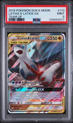2019 POKEMON SUN & MOON TEAM UP #113 LATIAS & LATIOS GX PSA 9 - Image 1