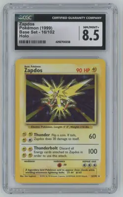 1999 Pokemon Game #16 Zapdos Holo Base Set CGC 8.5 NM/MINT+ - Image 1