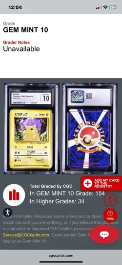 1996 POKEMON JAPANESE BASE SET PIKACHU #25 CGC 10 GEM MINT - Image 2