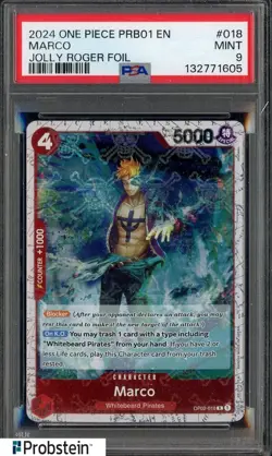 2024 One Piece PRB01 EN Jolly Roger Foil #018 Marco PSA 9 MINT - Image 1