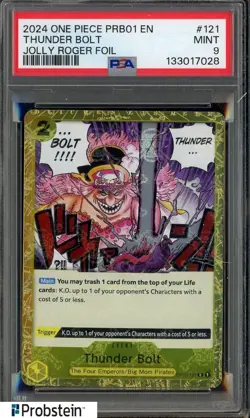 2024 One Piece PRB01 EN Jolly Roger Foil #121 Thunder Bolt PSA 9 MINT - Image 1