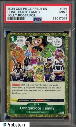2024 One Piece PRB01 EN Jolly Roger Foil #036 Donquixote Family PSA 9 MINT - Image 1