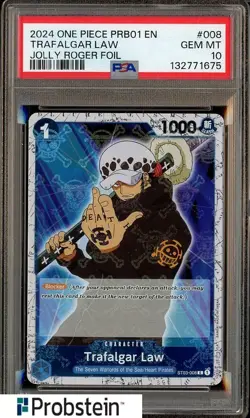 2024 One Piece PRB01 EN Jolly Roger Foil #008 Trafalgar Law PSA 10 GEM MINT - Image 1