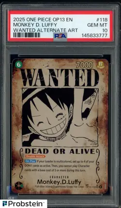 2025 One Piece OP13 EN Wanted Alternate Art #118 Monkey D. Luffy PSA 10 GEM MINT - Image 1