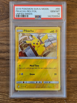 2019 Pokemon SM Unified Minds PSA 10 Pikachu #55 Reverse Foil Holo LOW POP - Image 1