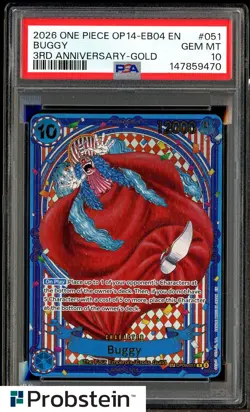 2026 One Piece OP14-EB04 3rd Anniversary Gold #051 Buggy PSA 10 GEM MINT - Image 1