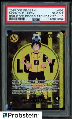 2025 ONE PIECE PROMOS BVB X ONE PIECE MATCH DAY 2025 #003 MONKEY D. LUFFY PSA 10 - Image 1