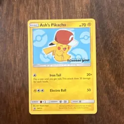 Pokemon Ash's Pikachu SM113 Promo Card 2017 Basic Iron Tail Electro Ball - Image 1