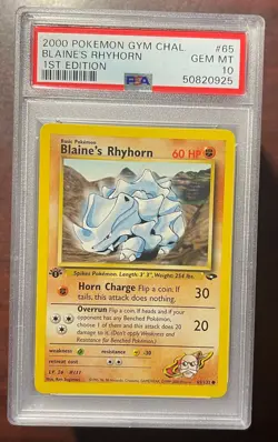 2000 Pokemon Gym Challenge 1st Edition Blaine's Rhyhorn #65 PSA 10 Gem Mint - Image 1