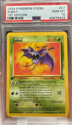 1999 Pokemon Fossil Zubat 1st Edition #57 PSA 10 - Image 1
