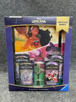 TCG Disney Lorcana Bundle: 4 Booster Packs + 1 Card Portfolio, Worn Box - Image 1