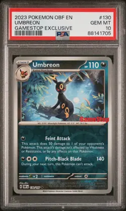 2023 Pokemon OBF Umbreon GameStop Exclusive Reverse Holo Promo #130 PSA 10 - Image 1