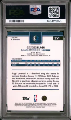 2025 TOPPS CHROME 251 COOPER FLAGG X-FRACTOR PSA 10 1650 - Image 2