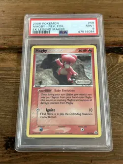 Magby 58/92 EX Legend Maker Reverse Holo Pokemon Card. PSA MINT 9 LOW POP - Image 1