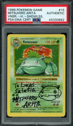 Pokemon Mitsuhiro Arita Signed Sketched Shadowless Base Venusaur Holo PSA AUTO - Image 1