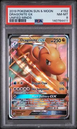 2019 Pokemon Sun and Moon Dragonite GX #152 Unified Minds PSA 8 NM-Mint - Image 1