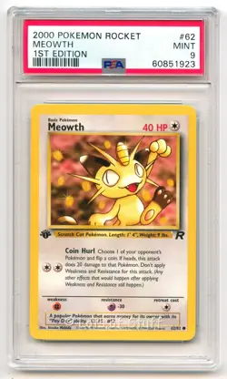 PSA 9 MINT Meowth Team Rocket 1st Edition Common 2000 Pokemon WOTC 62/82 -23 - Image 1
