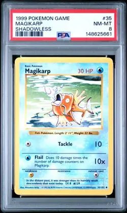 1999 POKEMON BASE SET #35 MAGIKARP SHADOWLESS NEAR MINT PSA 8 - Image 1