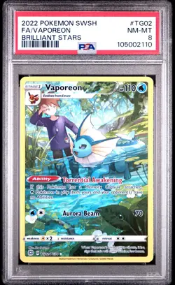 Pokemon Vaporeon TG02/TG30 Swsh09: Brilliant Stars Trainer Gallery Holo PSA 8 - Image 1