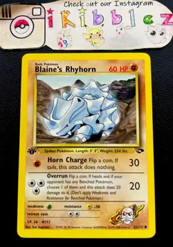 Blaine's Rhyhorn 65/132 NM 1st Edition Pokemon Card. Free Tracked Shipping! - Image 1