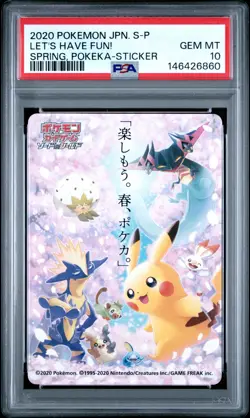 2020 POKEMON JPN S PROMO STICKER LET'S HAVE FUN! SPRING, POKEKA PSA 10 - Image 1