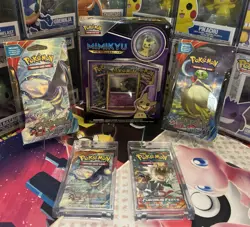 POKEMON TCG Mimikyu Premium PIN Collection +4 packs CASE INCLUDED - SEALED - Image 1