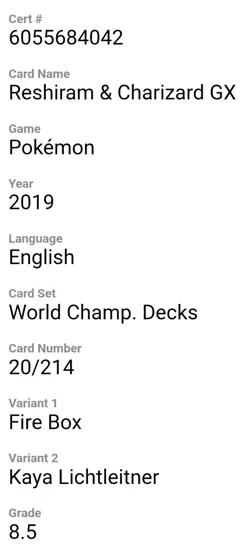 CGC 8.5 2019 Reshiram & Charizard GX Tag Team 20/214 Pokemon World Championships - Image 2