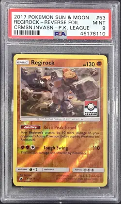 2017 POKEMON SUN & MOON CRMSN.INVASN P.K. LEAGUE #53 REGIROCK-REVERSE FOIL PSA 9 - Image 1