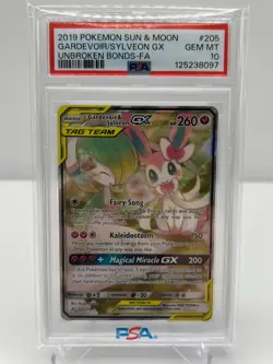 2019 POKEMON S&M UNBROKEN BONDS GARDEVOIR/SYLVEON GX TAG TEAM 205/214 PSA 10 - Image 1
