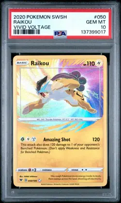 PSA 10 RAIKOU AMAZING RARE #050 POKEMON SWORD & SHIELD VIVID VOLTAGE GEM MINT - Image 1