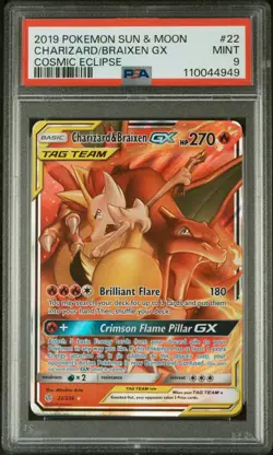 2019 POKEMON SUN & MOON COSMIC ECLIPSE #22 CHARIZARD/BRAIXEN GX PSA 9 - Image 1
