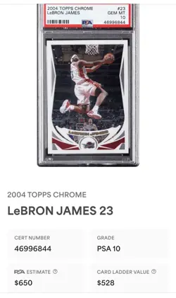 2004 TOPPS CHROME LEBRON JAMES #23 PSA 10 GEM MINT - Image 2