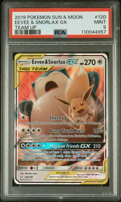 Eevee & Snorlax GX 120/181 PSA 9 Team Up Sun & Moon 2019 Pokemon TCG - Image 1