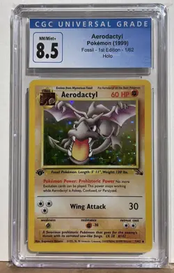 CGC 8.5 1st Edition Aerodactyl Holo 1/62 Rare Fossil Pokemon Card Mint 1999 - Image 1