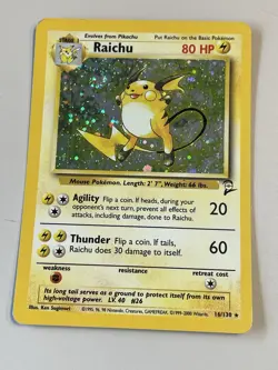 2000 Pokemon TCG Raichu Holo Rare Card 16/130 Base Set 2 MP Swirl WOTC - Image 1