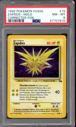 Pokemon Fossil Zapdos 15/62 PSA 8 - Corrected Foil - Image 1