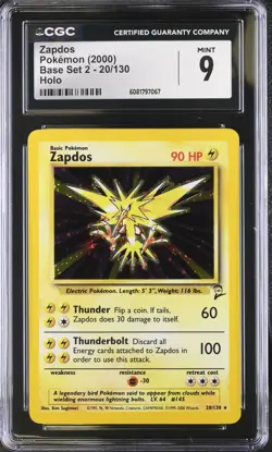 CGC 9 Pokemon English Zapdos 20/130 2000 Base Set 2 Rare Holo - Image 1
