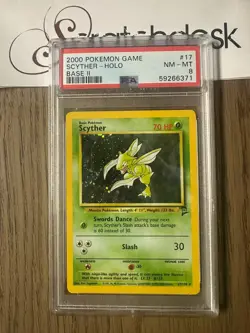 PSA 8 - Pokemon SCYTHER 17/130 - BASE SET 2 - FOIL Rare SWIRL - Image 1
