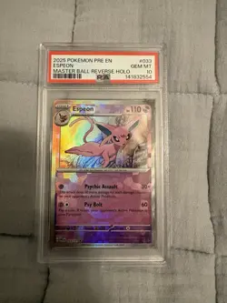 2025 POKEMON PRE EN-PRISMATIC EVOLUTIONS MASTER BALL REVERSE HOLO ESPEON PSA 10 - Image 1